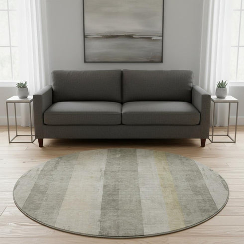 8' Taupe Beige And Tan Striped Washable Round Rug With UV Protection