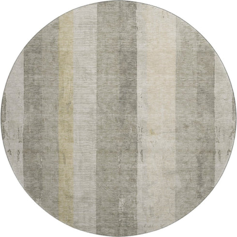 8' Taupe Beige And Tan Striped Washable Round Rug With UV Protection