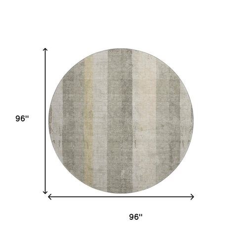 8' Taupe Beige And Tan Striped Washable Round Rug With UV Protection