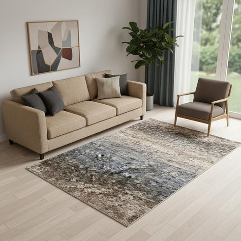 5' X 8' Beige Blue And Gray Abstract Washable Area Rug With UV Protection