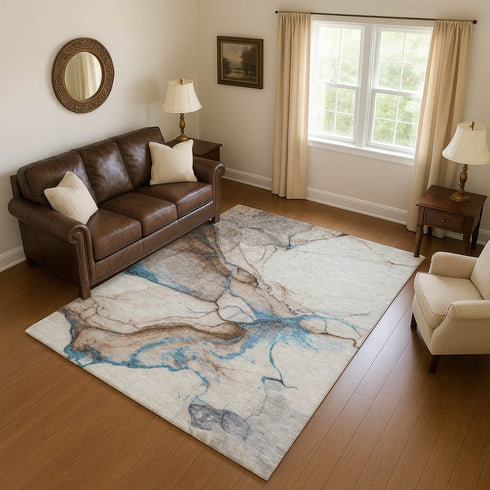 8' X 10' Beige Blue And Gray Abstract Washable Area Rug With UV Protection