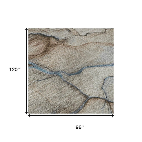 8' X 10' Beige Blue And Gray Abstract Washable Area Rug With UV Protection