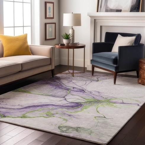 9' X 12' Purple Green And Ivory Abstract Washable Area Rug With UV Protection