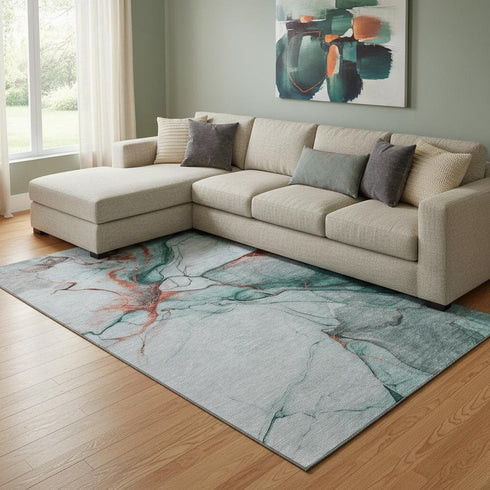 8' X 10' Teal Terra Cotta And Ivory Abstract Washable Area Rug With UV Protection