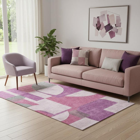 5' X 8' Blush Mauve And Ivory Abstract Geometric Washable Area Rug With UV Protection