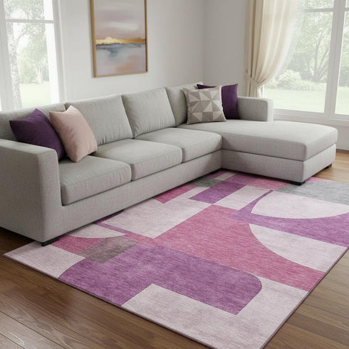 8' X 10' Blush Mauve And Ivory Abstract Geometric Washable Area Rug With UV Protection