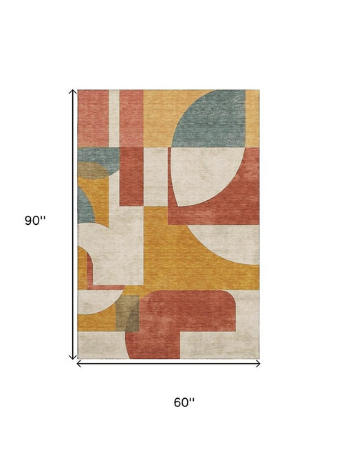 5' X 8' Coral Gold And Ivory Abstract Geometric Washable Area Rug With UV Protection