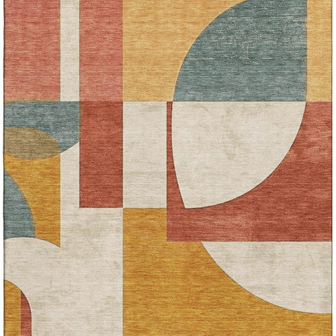 5' X 8' Coral Gold And Ivory Abstract Geometric Washable Area Rug With UV Protection