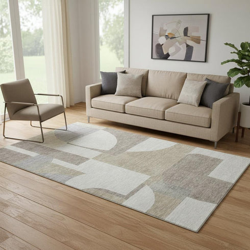 5' X 8' Khaki Beige And Gray Abstract Geometric Washable Area Rug With UV Protection