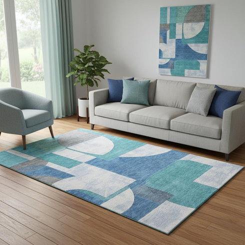 5' X 8' Teal Ivory And Gray Abstract Geometric Washable Area Rug With UV Protection