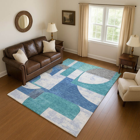 5' X 8' Teal Ivory And Gray Abstract Geometric Washable Area Rug With UV Protection