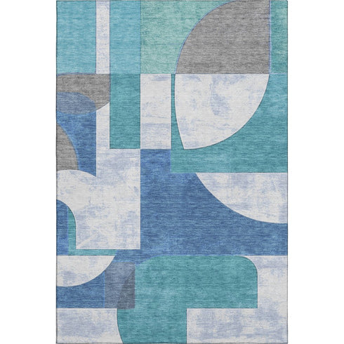 5' X 8' Teal Ivory And Gray Abstract Geometric Washable Area Rug With UV Protection