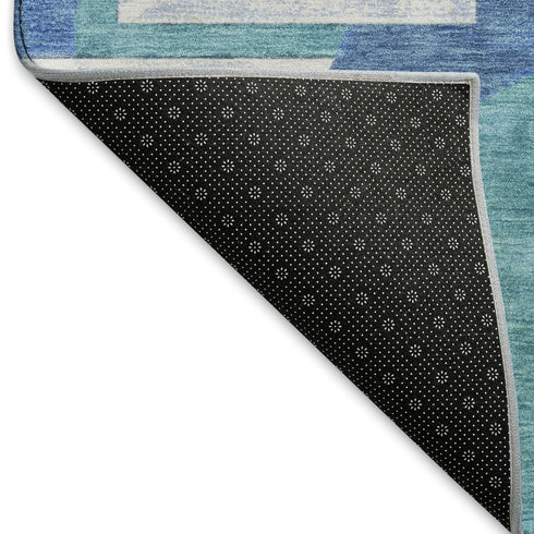 5' X 8' Teal Ivory And Gray Abstract Geometric Washable Area Rug With UV Protection