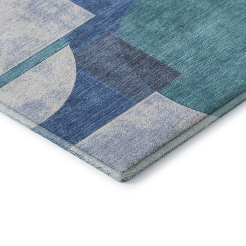 5' X 8' Teal Ivory And Gray Abstract Geometric Washable Area Rug With UV Protection