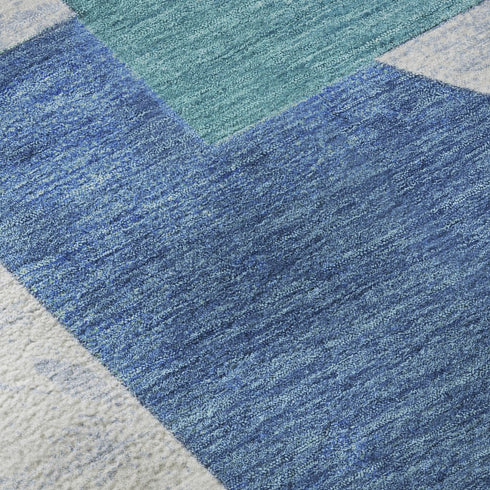 5' X 8' Teal Ivory And Gray Abstract Geometric Washable Area Rug With UV Protection