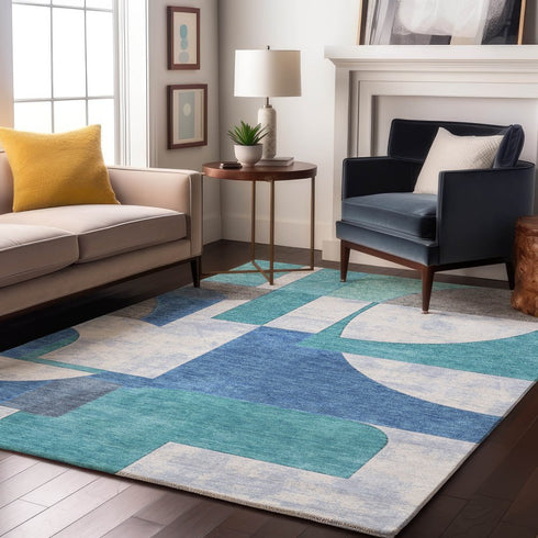 5' X 8' Teal Ivory And Gray Abstract Geometric Washable Area Rug With UV Protection