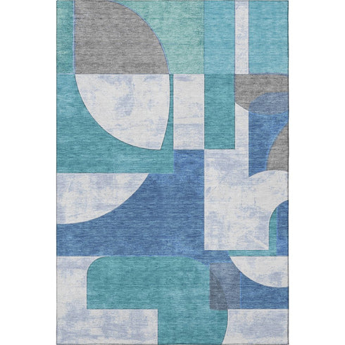 5' X 8' Teal Ivory And Gray Abstract Geometric Washable Area Rug With UV Protection