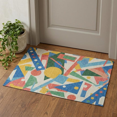 3' X 5' Blue Yellow And Coral Geometric Washable Area Rug With UV Protection