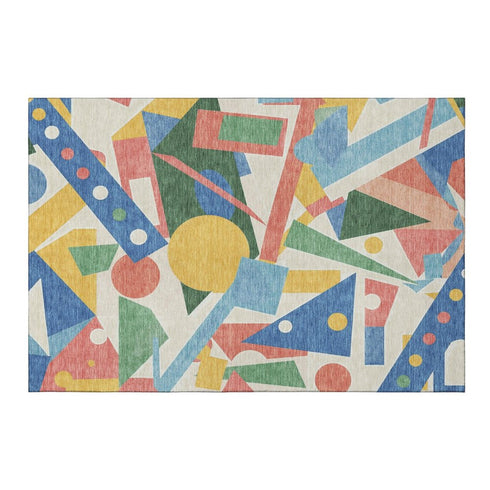 3' X 5' Blue Yellow And Coral Geometric Washable Area Rug With UV Protection
