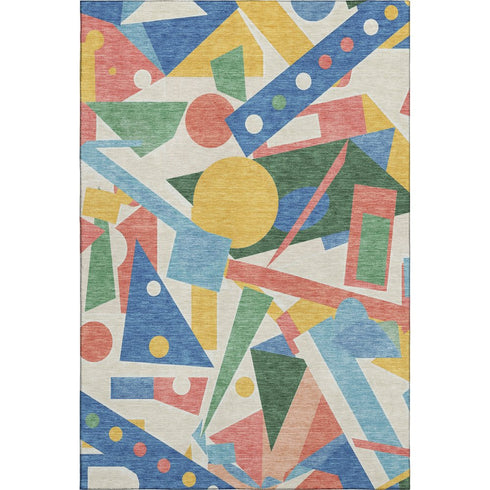 3' X 5' Blue Yellow And Coral Geometric Washable Area Rug With UV Protection