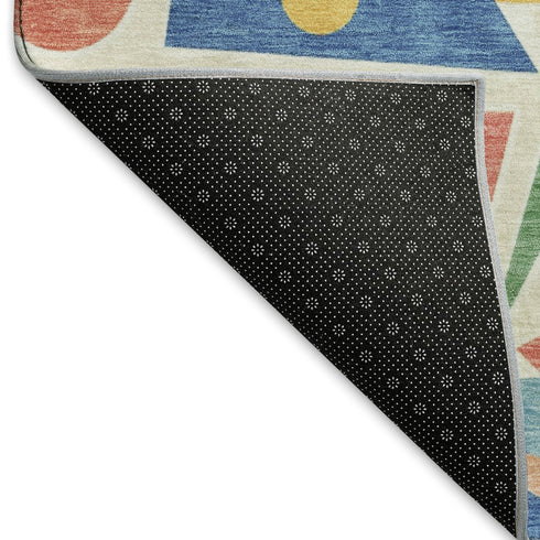 3' X 5' Blue Yellow And Coral Geometric Washable Area Rug With UV Protection