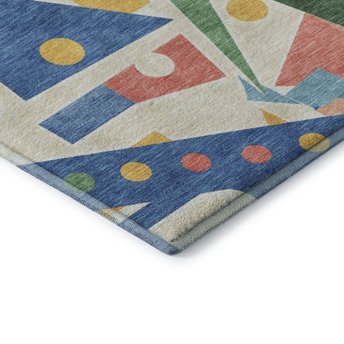 3' X 5' Blue Yellow And Coral Geometric Washable Area Rug With UV Protection