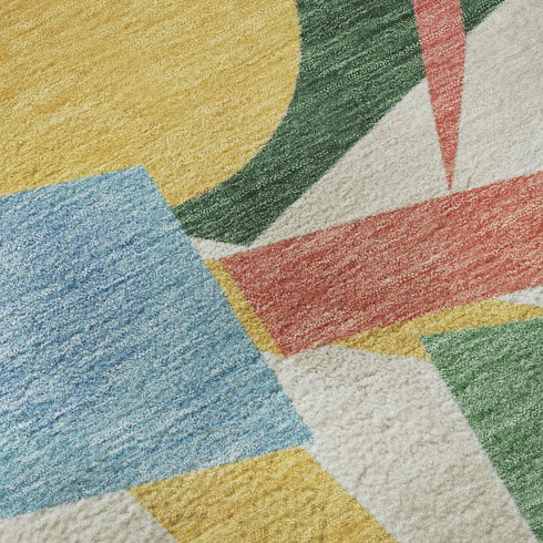 3' X 5' Blue Yellow And Coral Geometric Washable Area Rug With UV Protection
