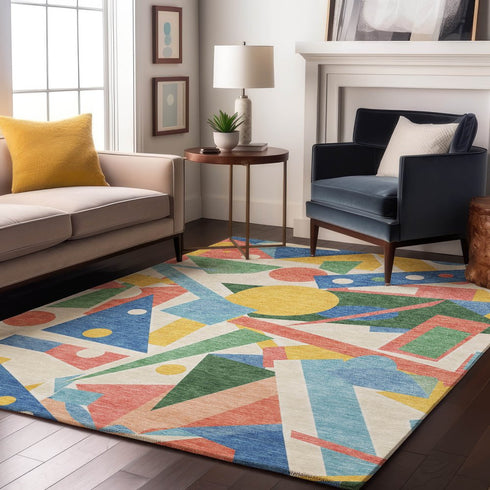 3' X 5' Blue Yellow And Coral Geometric Washable Area Rug With UV Protection