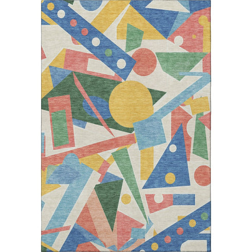 3' X 5' Blue Yellow And Coral Geometric Washable Area Rug With UV Protection