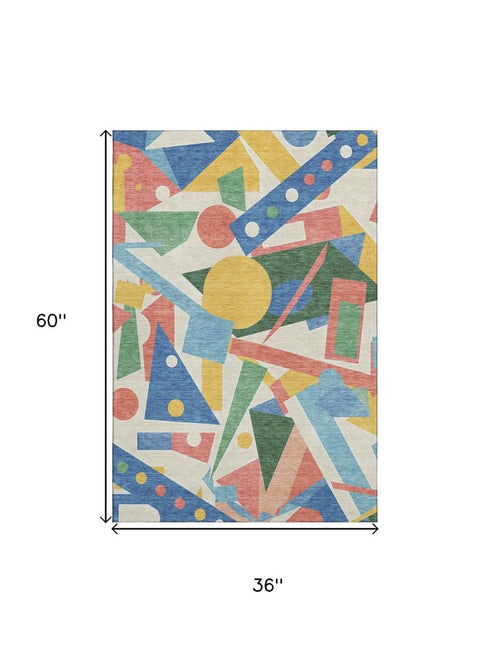 3' X 5' Blue Yellow And Coral Geometric Washable Area Rug With UV Protection