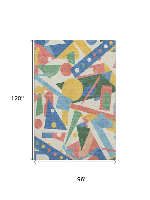 8' X 10' Blue Yellow And Coral Geometric Washable Area Rug With UV Protection