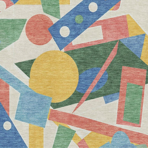8' X 10' Blue Yellow And Coral Geometric Washable Area Rug With UV Protection