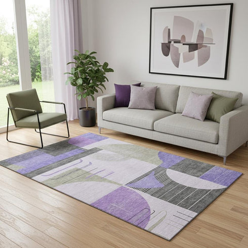5' X 8' Lavender Gray And Ivory Geometric Washable Area Rug With UV Protection