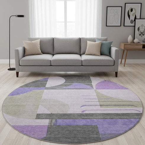 8' Lavender Gray And Ivory Geometric Washable Round Rug With UV Protection