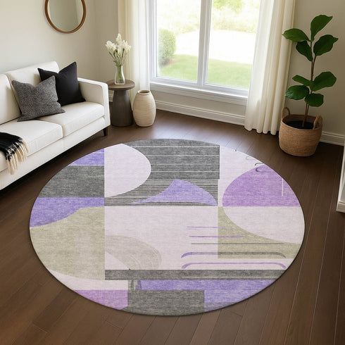 8' Lavender Gray And Ivory Geometric Washable Round Rug With UV Protection