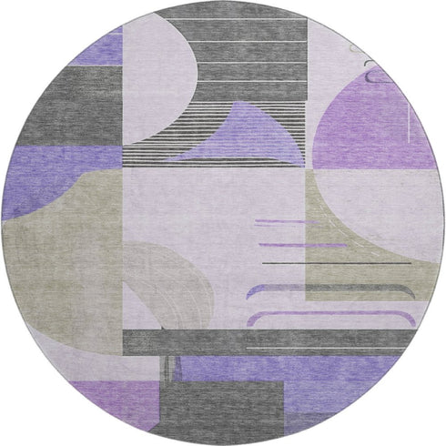 8' Lavender Gray And Ivory Geometric Washable Round Rug With UV Protection