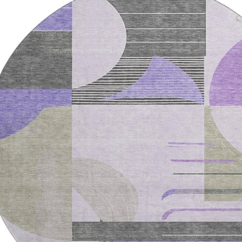 8' Lavender Gray And Ivory Geometric Washable Round Rug With UV Protection