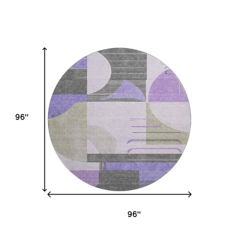 8' Lavender Gray And Ivory Geometric Washable Round Rug With UV Protection