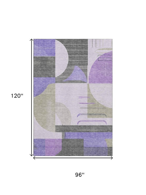 8' X 10' Lavender Gray And Ivory Geometric Washable Area Rug With UV Protection