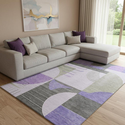8' X 10' Lavender Gray And Ivory Geometric Washable Area Rug With UV Protection