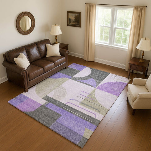 8' X 10' Lavender Gray And Ivory Geometric Washable Area Rug With UV Protection