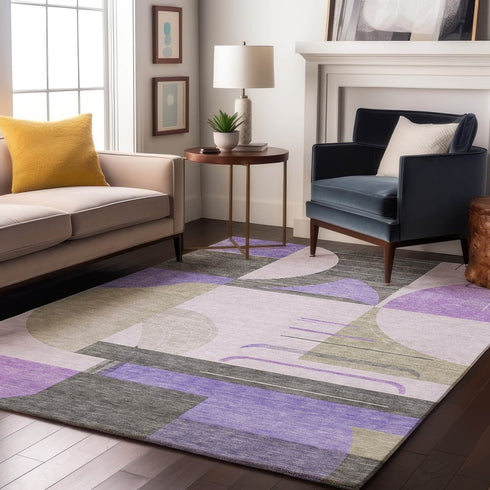 8' X 10' Lavender Gray And Ivory Geometric Washable Area Rug With UV Protection
