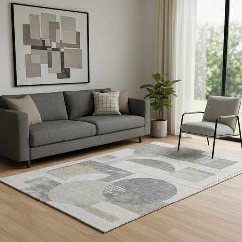5' X 8' Beige Gray And Silver Geometric Washable Area Rug With UV Protection