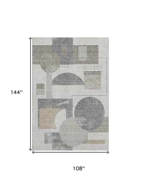 9' X 12' Beige Gray And Silver Geometric Washable Area Rug With UV Protection