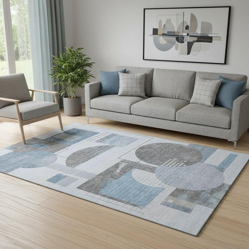 5' X 8' Blue Gray And Ivory Geometric Washable Area Rug With UV Protection