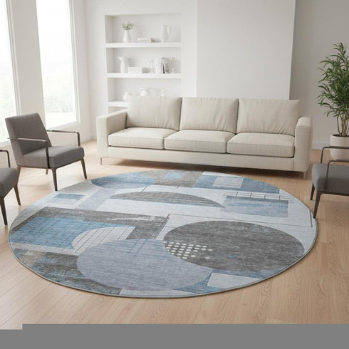 8' Blue Gray And Ivory Geometric Washable Round Rug With UV Protection