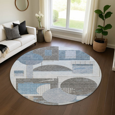 8' Blue Gray And Ivory Geometric Washable Round Rug With UV Protection