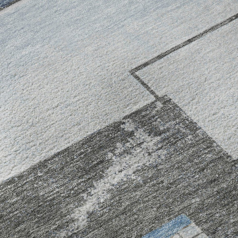 8' Blue Gray And Ivory Geometric Washable Round Rug With UV Protection
