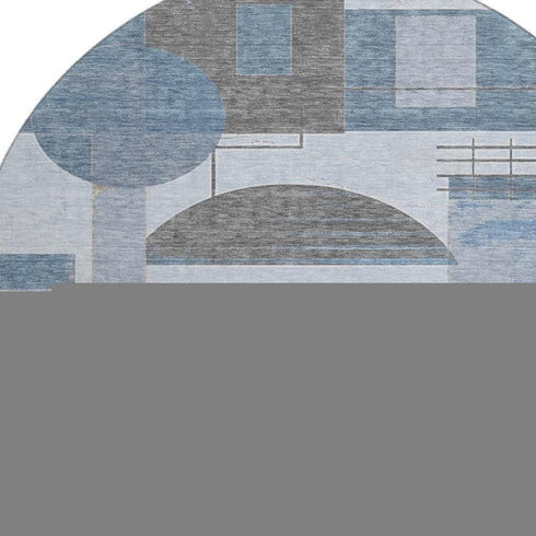 8' Blue Gray And Ivory Geometric Washable Round Rug With UV Protection