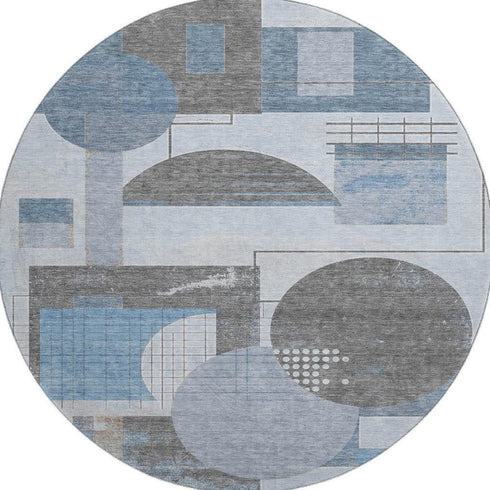 8' Blue Gray And Ivory Geometric Washable Round Rug With UV Protection